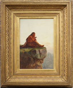 Victor Nehlig (1830 - 1909) Important Antique American Hudson River School Indian Portrait Painting: Antique American landscape oil painting by Victor Nehlig (1830 - 1909). Oil on canvas. Signed. Framed. Measuring: 22 by 18 inches overall, and 13 by 8.5 painting alone. Please see all images for condi