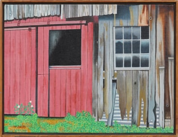 Vintage American Modernist Super Realist Barn Landscape Signed Framed Oil Painting
