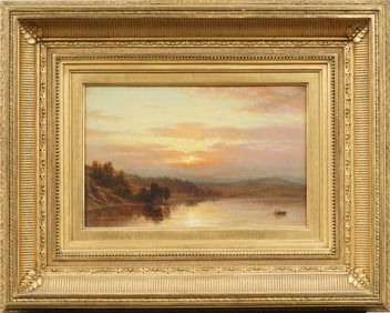 Important Antique American Sunset Hudson River School Framed Landscape Oil Painting