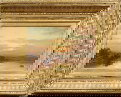 Important Antique American Sunset Hudson River School Framed Landscape Oil Painting: Antique American sunset landscape oil painting. Oil on canvas. Framed. Measuring: 15 by 19 inches overall, and 7 by 11 painting alone. Please see all images for condition. Size is measured and written