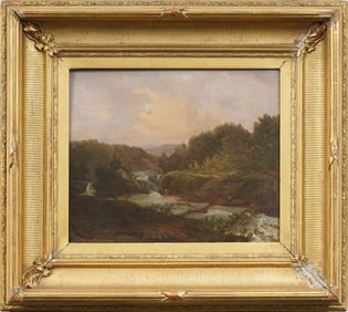 Antique American Hudson River School "Trickling Spring" Framed Landscape Oil Painting