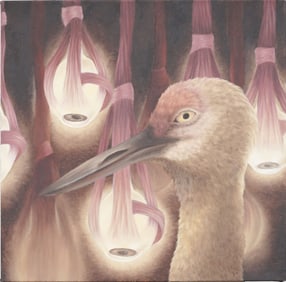 Incredible Vintage Surreal Ostrich and Eyeball Portrait Oil Painting