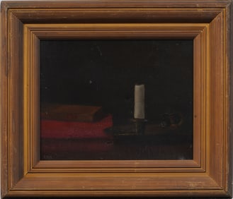 Antique American Monogrammed Still Life Candle Stick and Book Interior Framed Oil Painting