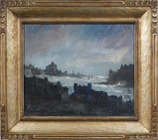 Antique American Ashcan School Moody New York Harbor Stormy Cityscape Framed Oil Painting