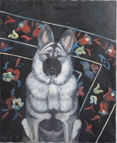 Vintage American Modernist German Sheppard Dog Portrait Large Signed Oil Painting