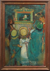 Antique American Punch and Judy Ashcan School Impressionist Figurative Framed Oil Painting