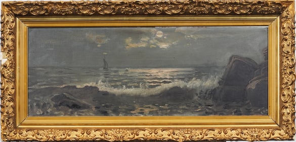 Edward Mitchell Bannister (1828 - 1901) Signed Moonlit Seascape Framed Antique American Oil Painting