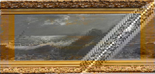 Edward Mitchell Bannister (1828 - 1901) Signed Moonlit Seascape Framed Antique American Oil Painting: Antique American Hudson River School moonlit coastal oil painting by Edward Mitchell Bannister (1828 - 1901). Oil on board. Signed. Framed. Measuring: 13 by 29 inches overall, and 9.5 by 24.75 paintin