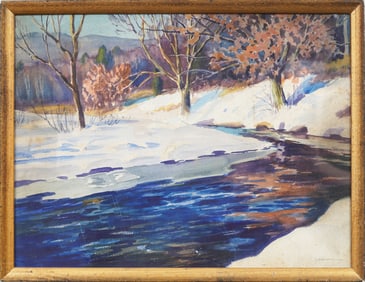 Charles Gordon Harris (1891 - 1963) Antique American Impressionist Winter Snow River Painting