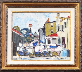 Signed Antique American Modernist Street Scene Framed Original Oil Painting