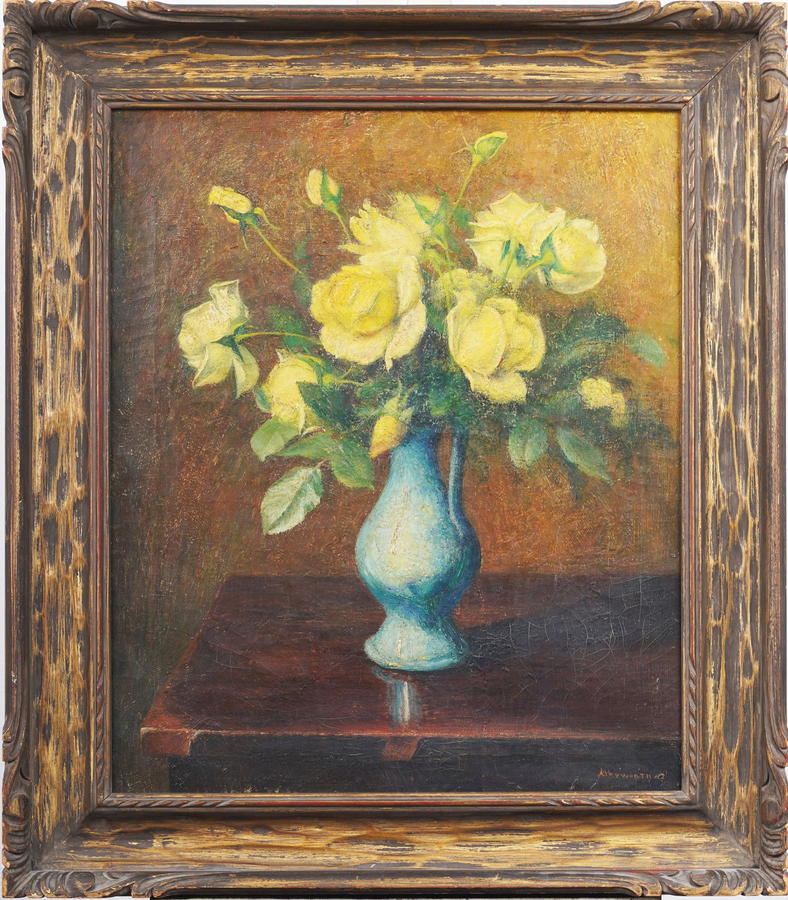 Antique American Impressionist Yellow Rose Still Life Flower Framed Original Oil Painting: Antique American impressionist flower still life oil painting. Oil on canvas. Signed. Framed. Measuring: 31 by 27 inches overall, and 24 by 20 painting alone. Please see all images for condition. Size