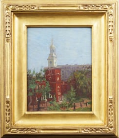 Liberty Plaza Ashcan School Signed Philadelphia Framed Street Scene Oil Painting