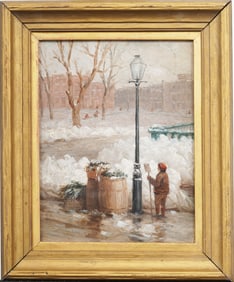"Snow Day" Antique American Impressionist Winter Ashcan School Sledding Cityscape Oil Painting