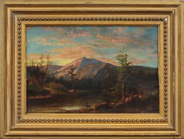 Antique American Hudson River School Luminous Sunset Deer Grazing Framed Landscape Oil Painting