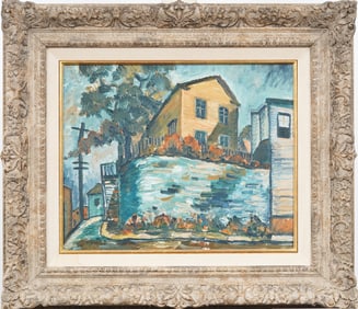 Antique American Modernist Framed Street Scene Original Oil Painting
