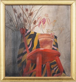 Antique American Modernist Flower Still Life Interior Design Chair Signed Original Oil Painting