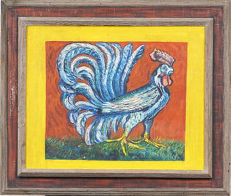 Vintage American Modernist Rooster Portrait Framed Original Oil Painting