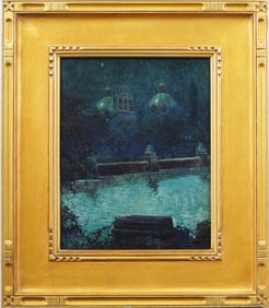 Antique American Impressionist Nocturnal American School Cityscape Framed Original Oil Painting