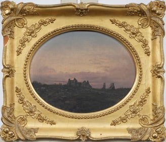 Antique American School European Hudson River School Sunset Ruins Original Oil Painting