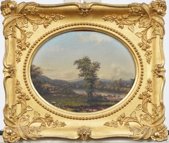 Antique American Hudson River School Panoramic Cow Grazing Landscape Original Oil Painting