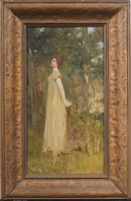 Antique Art Nouveau American School Elegent Woman in Landscape Framed Oil Painting