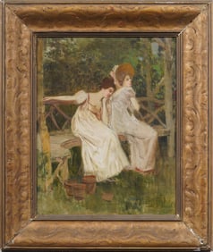 Antique Art Nouveau American School Elegent Woman in Landscape Framed Oil Painting