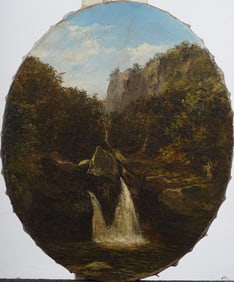 Antique American Hudson River School Waterfall Landscape Original 19th Century Oil Painting