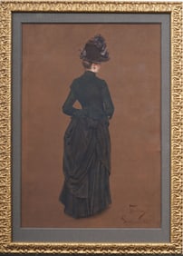 Antique French Impressionist Signed 1885 Paris High Society Woman Portrait Framed Painting