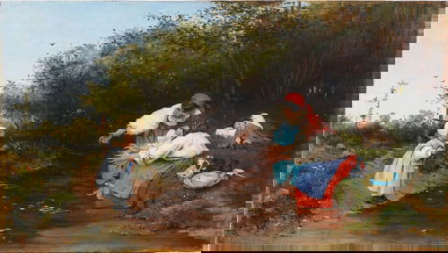 Adolf Echtler (1843 - 1914) Antique German Genre Scene Super Realist "River Jump" Oil Painting