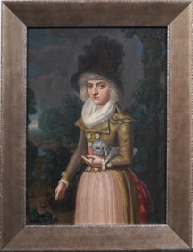Antique Finely Painted European Woman and Dog Portrait Framed Oil Painting