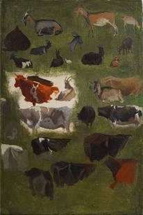 Albert Bierstadt (1830-1902) Antique Hudson River School "Goats and Cattle" Western Animal Painting: Antique American animal study oil painting by Albert Bierstadt (1830 - 1902) . Oil on paper, lined to board. Measuring: 12.25 by 8 inches overall, and by painting alone. Please see all images for cond