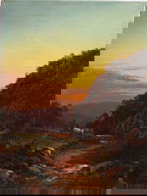 Antique American Hudson River School Sunset Landscape Luminous Original Oil Painting