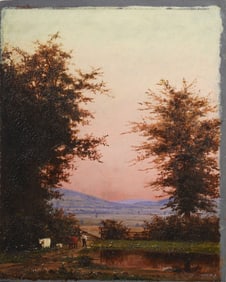 Antique American Hudson River School Sunset Landscape Luminous Cow Grazing Original Oil Painting