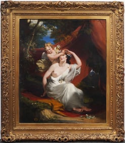 Antique European Old Master 18th Century Venus and Cupid Framed Portrait Oil Painting
