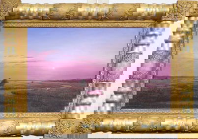 Antique American Hudson River School Sunset Framed Marsh Landscape Oil Painting ATTR Heade