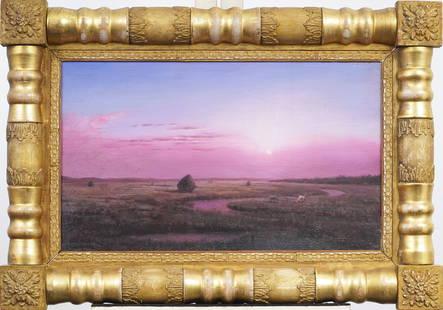 Antique American Hudson River School Sunset Framed Marsh Landscape Oil Painting ATTR Heade: Antique American sunset landscape oil painting attributed to Martin Johnson Heade (1819 - 1904). Oil on board. Framed. Measuring: 21 by 30 inches overall, and 13 by 22 painting alone. Please see all i
