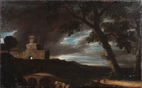 Antique Italian Old Master Moonlit Castle Ruins Landscape Oil Painting Circle of Nicolas Poussin
