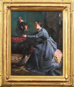 Antique American School Impressionist Interior Scene Portrait Framed Oil Painting