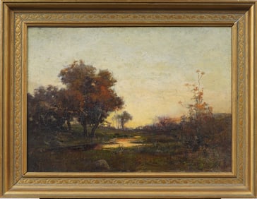 Antique American Impressionist Sunset Landscape Framed Signed Oil Painting