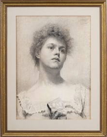 Finely Drawn Antique American School Young Woman Portrait Framed Charcoal Drawing