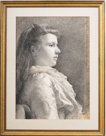 Finely Drawn Antique American School Young Woman Portrait Framed Charcoal Drawing