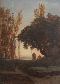 Antique European Moonlit Impressionist River Landscape Barbizon School Monogrammed Painting