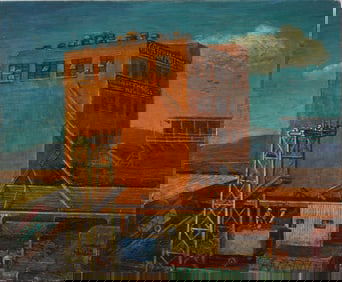 Ray Deberenger (B.1884) Antique WPA Modernist Loading Dock Industrial Factory Painting