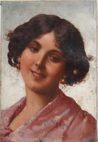 Antique Italian Young Beautiful Woman Elegant Portrait Oil Painting