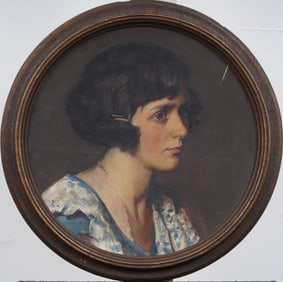 Antique American Impressionist Young Woman Oval Portrait Framed Oil Painting
