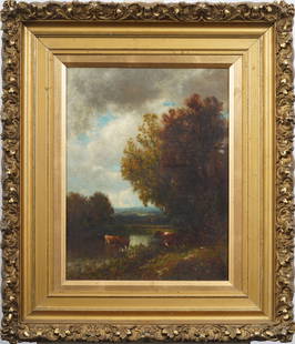 William Hart (1823-1894) Antique American Signed Hudson River School Cow Grazing Landscape Painting: Antique American Hudson River School landscape oil painting by William Hart (1823 - 1894). Oil on canvas. Signed. Framed. Measuring: 28 by 23 inches overall, and 18 by 14 painting alone. Please see al