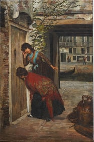 Gerolamo Navarra Large Finely Painted Antique European Signed Genre Scene Original Oil Painting