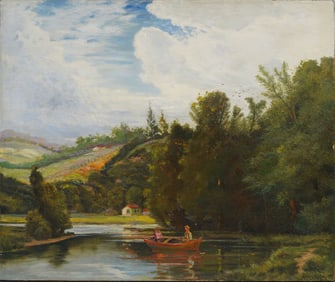 Henry Hillier Parker (1858-1930) Antique English Signed Landscape Rowboat in Lake Oil Painting