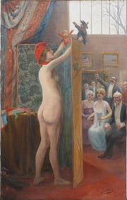 Gil Baer (1859-1931) Antique French Erotic Nude Woman Parlour Scene Puppet Show Painting