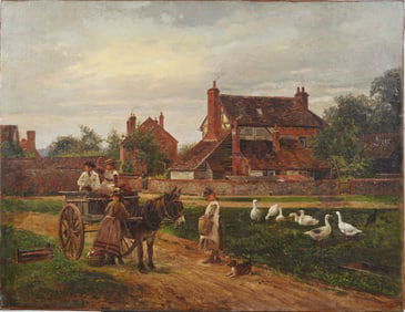 Henry John Yeend-King (1855 - 1924) Large Antique American Impressionist Donkey & Ducks Painting